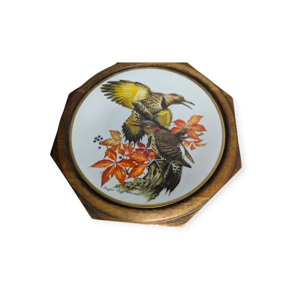 Vintage Roger Tory Peterson Flickers & Bluebird Ceramic Plates Framed 24 kt Gold